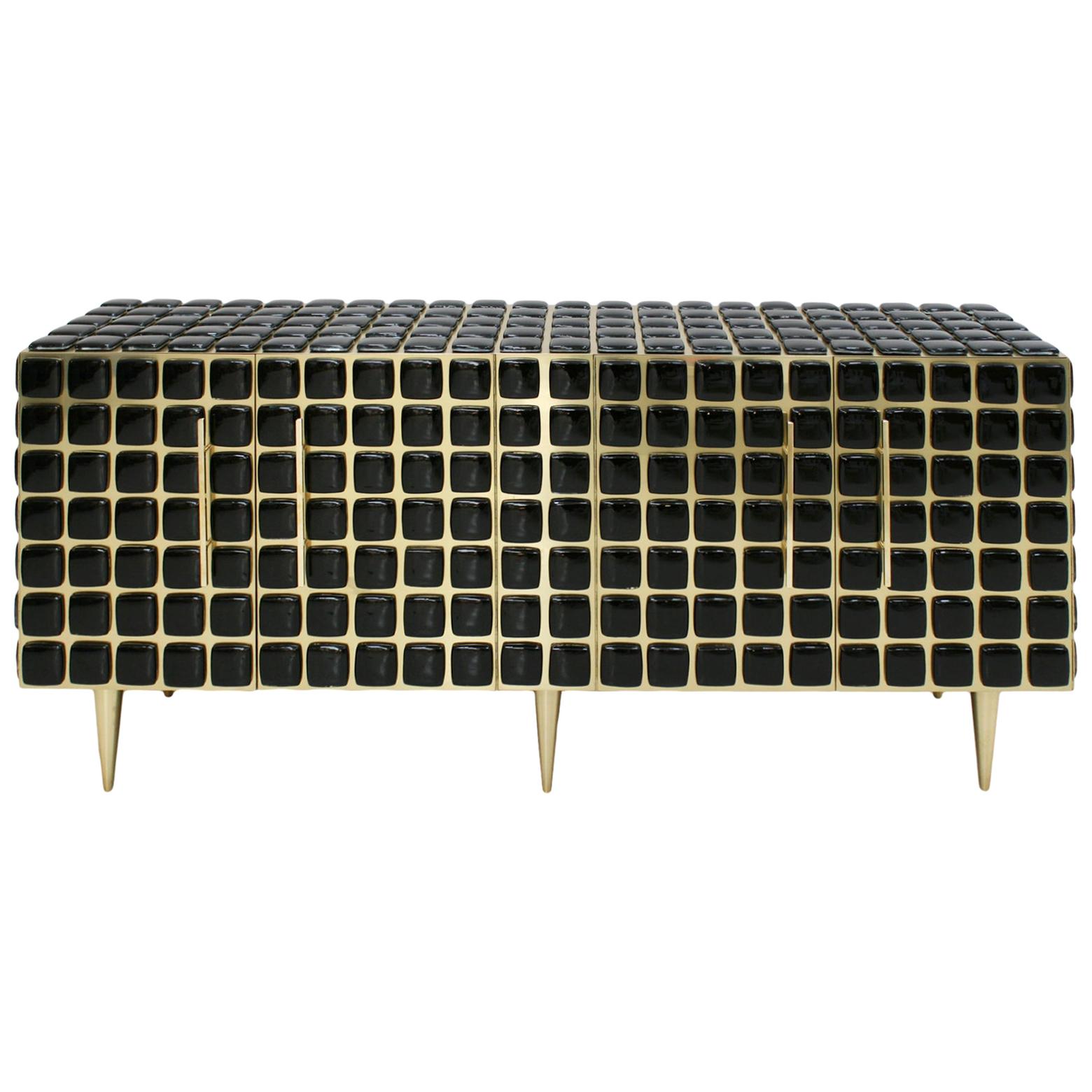 Italian Sideboard Made of Wood Brass & Decorated with Black Murano Glass Mosaics