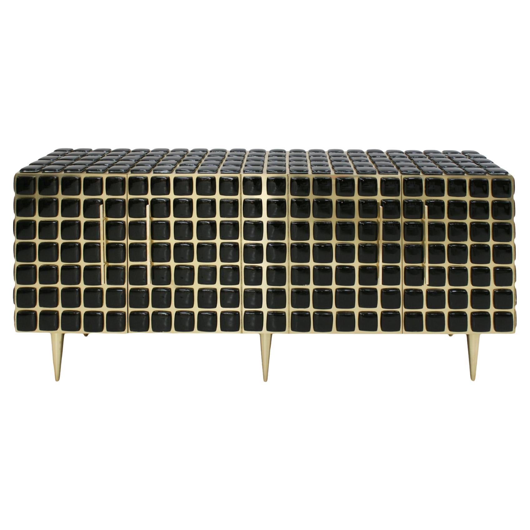 Italian Sideboard Made of Wood Brass 
Decorated with Black Murano Glass Mosaics For Sale