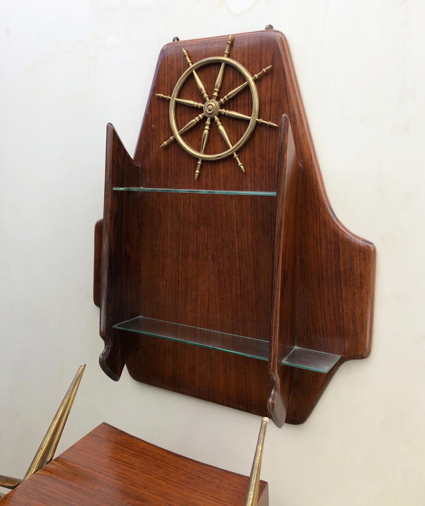 Italian Sideboard Marine Style Walnut Original 1950 Special Design Brass For Sale 6