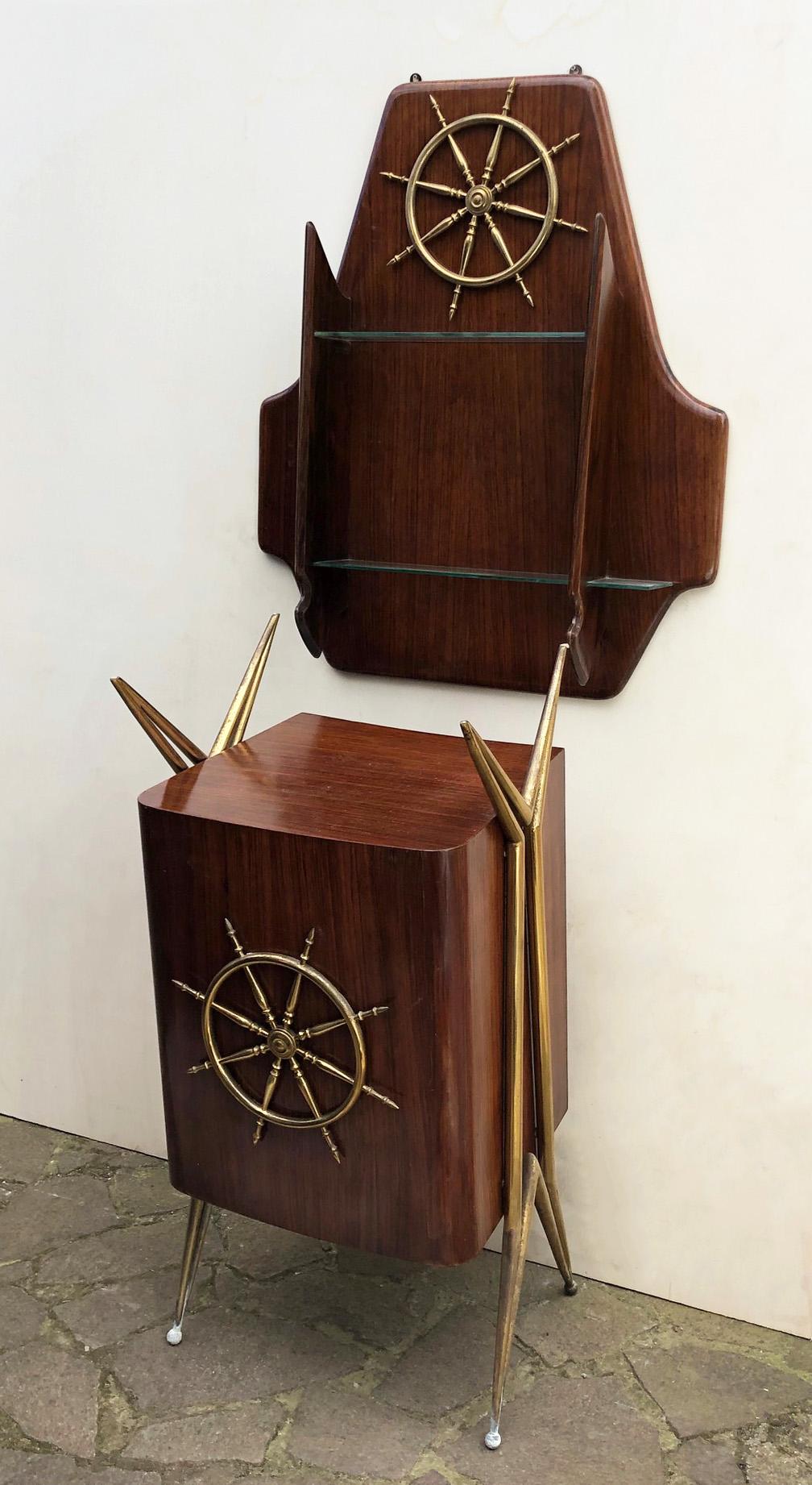 Mid-Century Modern Italian Sideboard Marine Style Walnut Original 1950 Special Design Brass For Sale