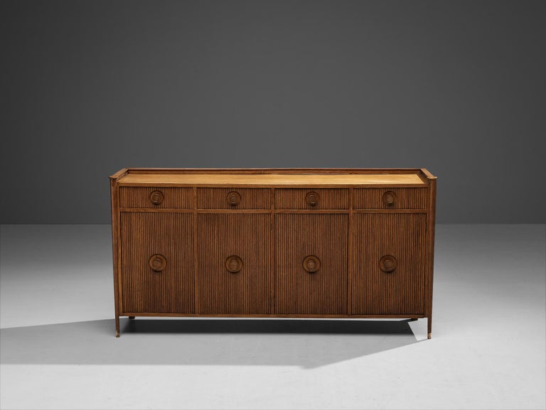 Mid-20th Century Italian Sideboard with Carved Door Panels in Oak For Sale