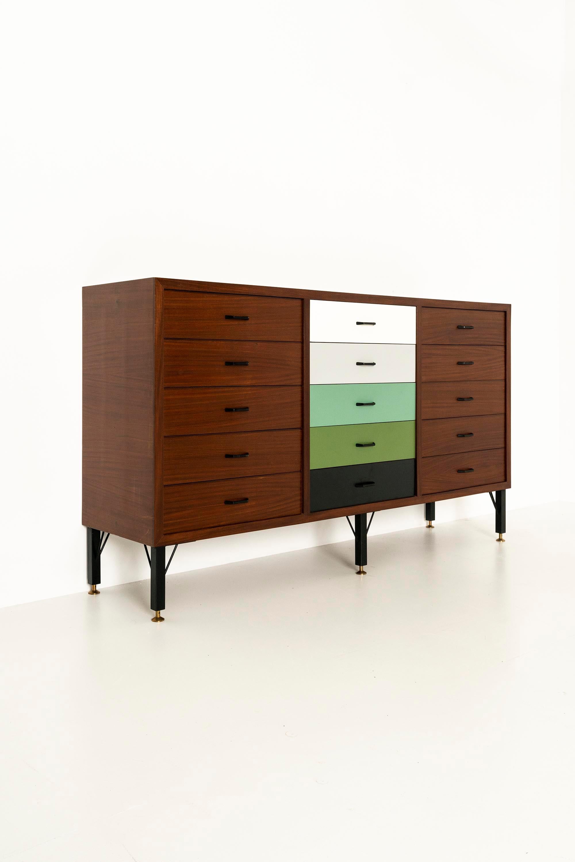 Mid-Century Modern Italian Sideboard with Colored Drawers, Italy, 1960s