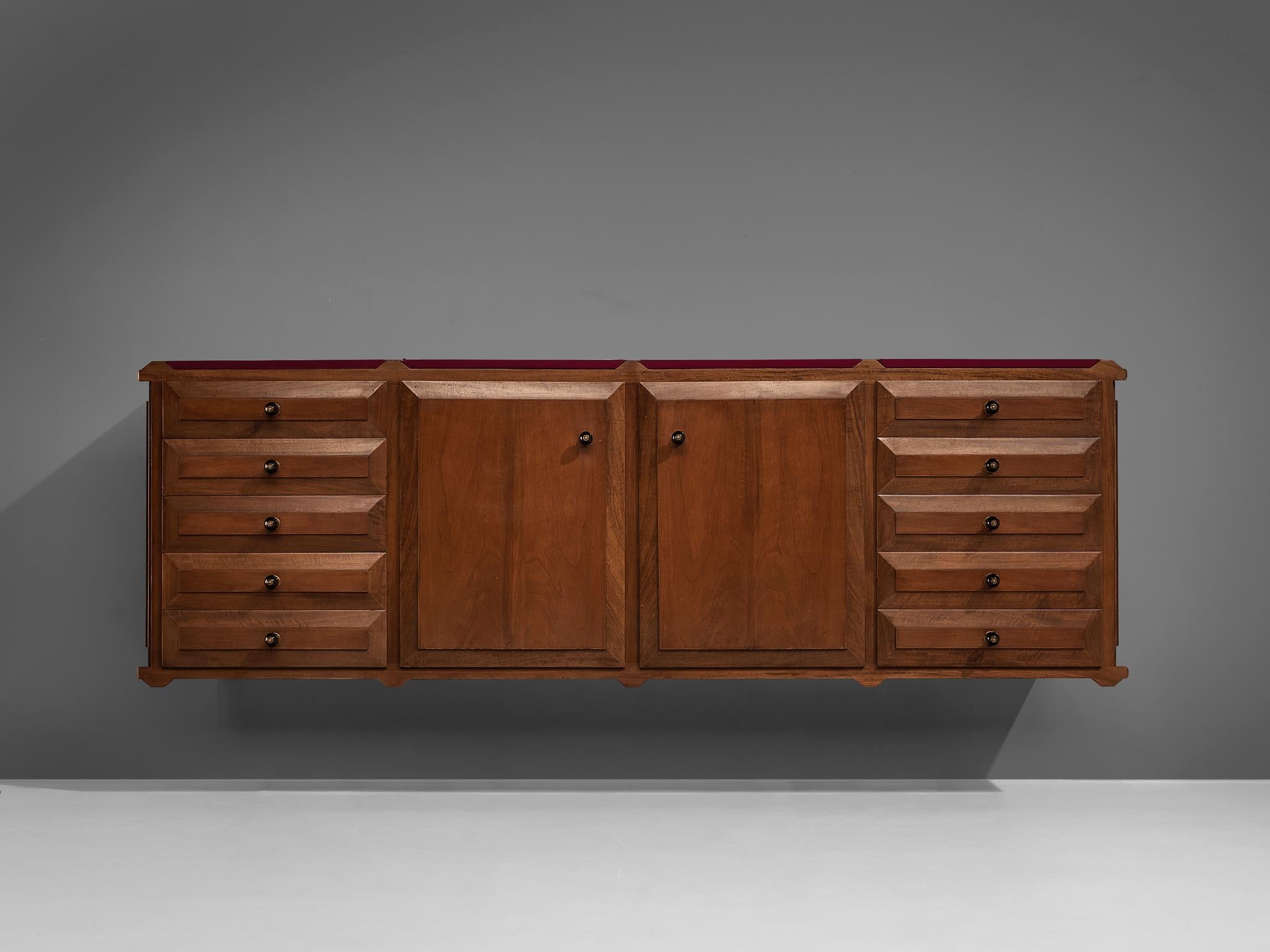 Mid-Century Modern Italian Sideboard with Drawers in Walnut with Brass Handles For Sale