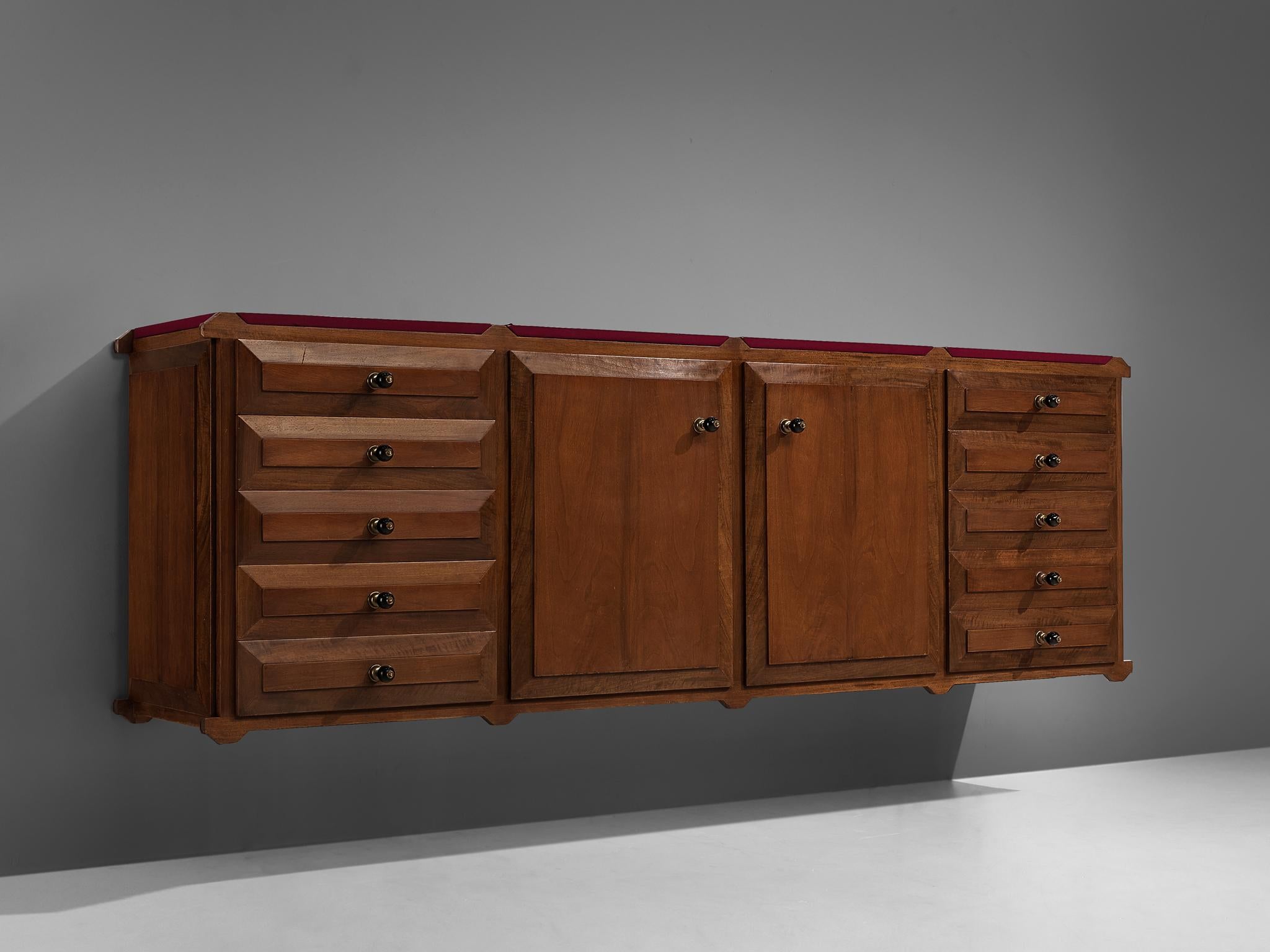 Mid-20th Century Italian Sideboard with Drawers in Walnut with Brass Handles For Sale