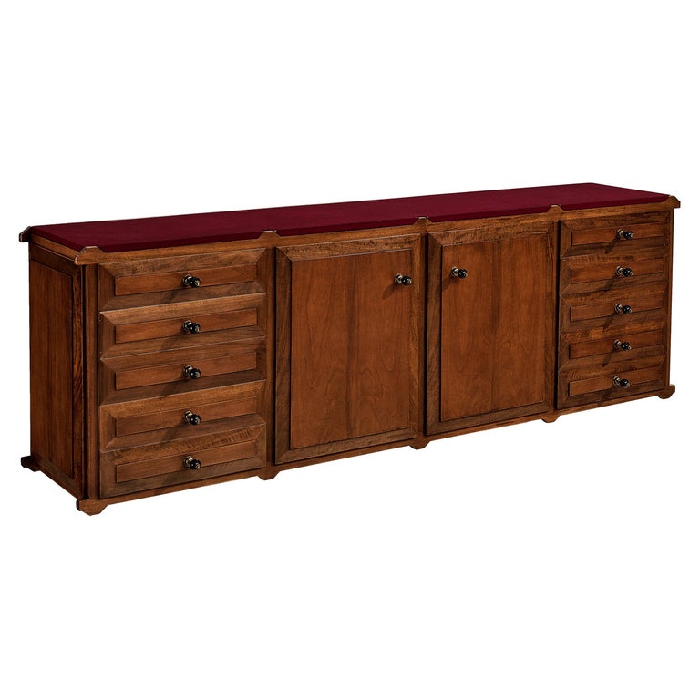 Italian Sideboard with Drawers in Walnut with Brass Handles For Sale