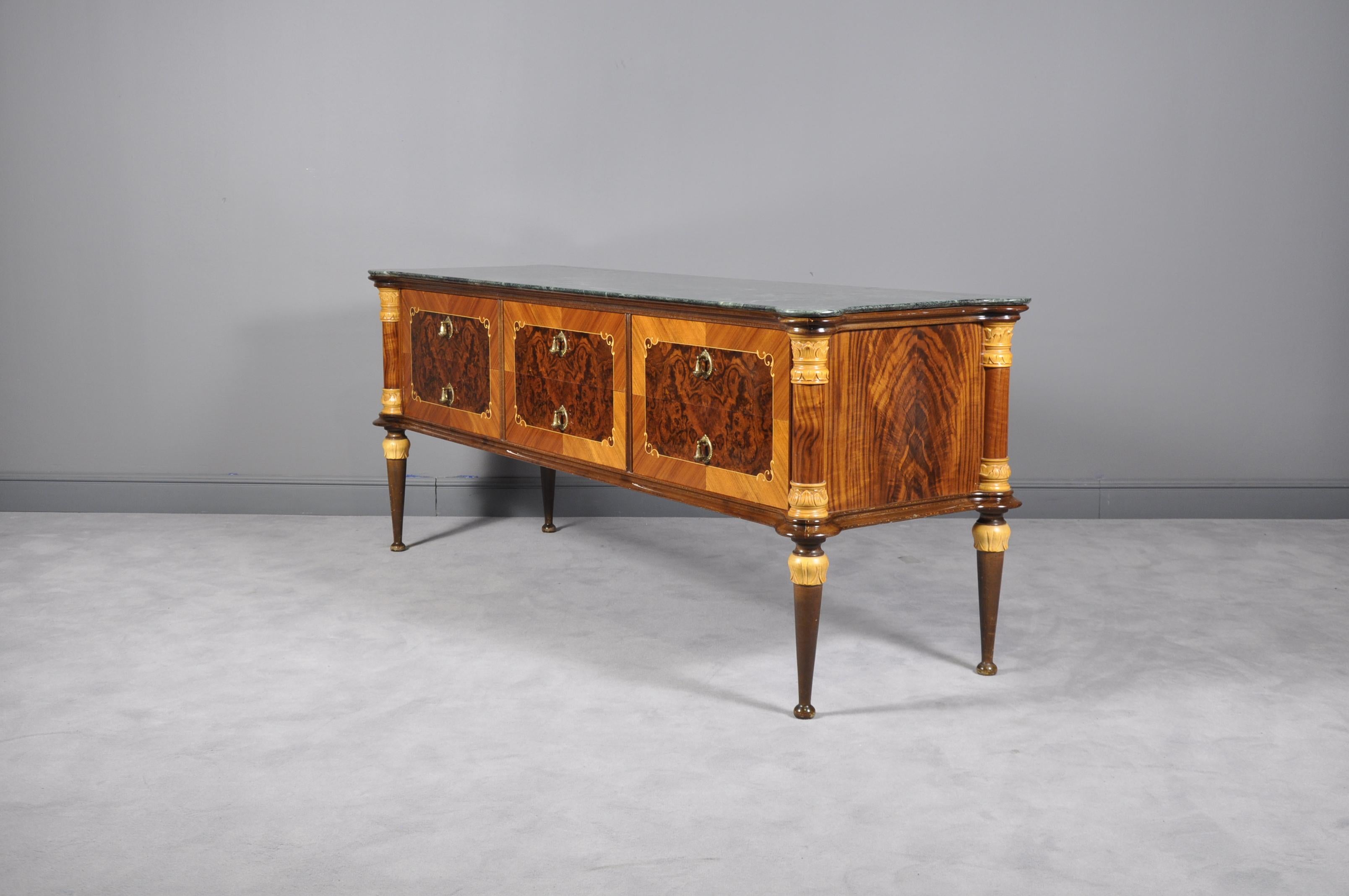 Sideboard with six drawers, carved legs in burl wood, walnut and marble top.