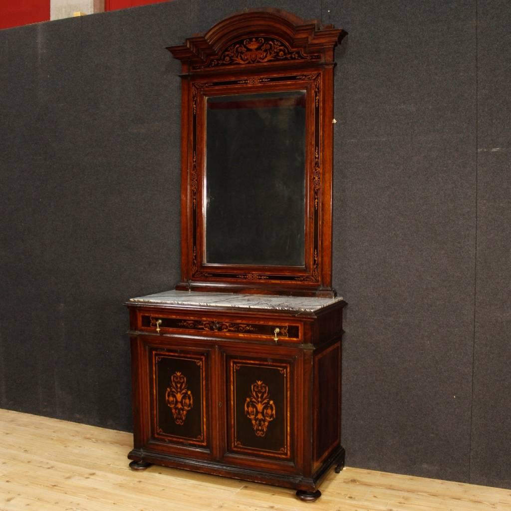 Italian Sideboard with Mirror in Inlaid Wood with Marble Top from 20th Century 3