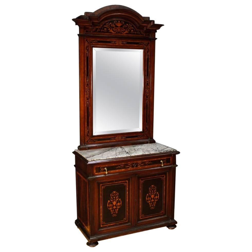 Italian Sideboard with Mirror in Inlaid Wood with Marble Top from 20th Century