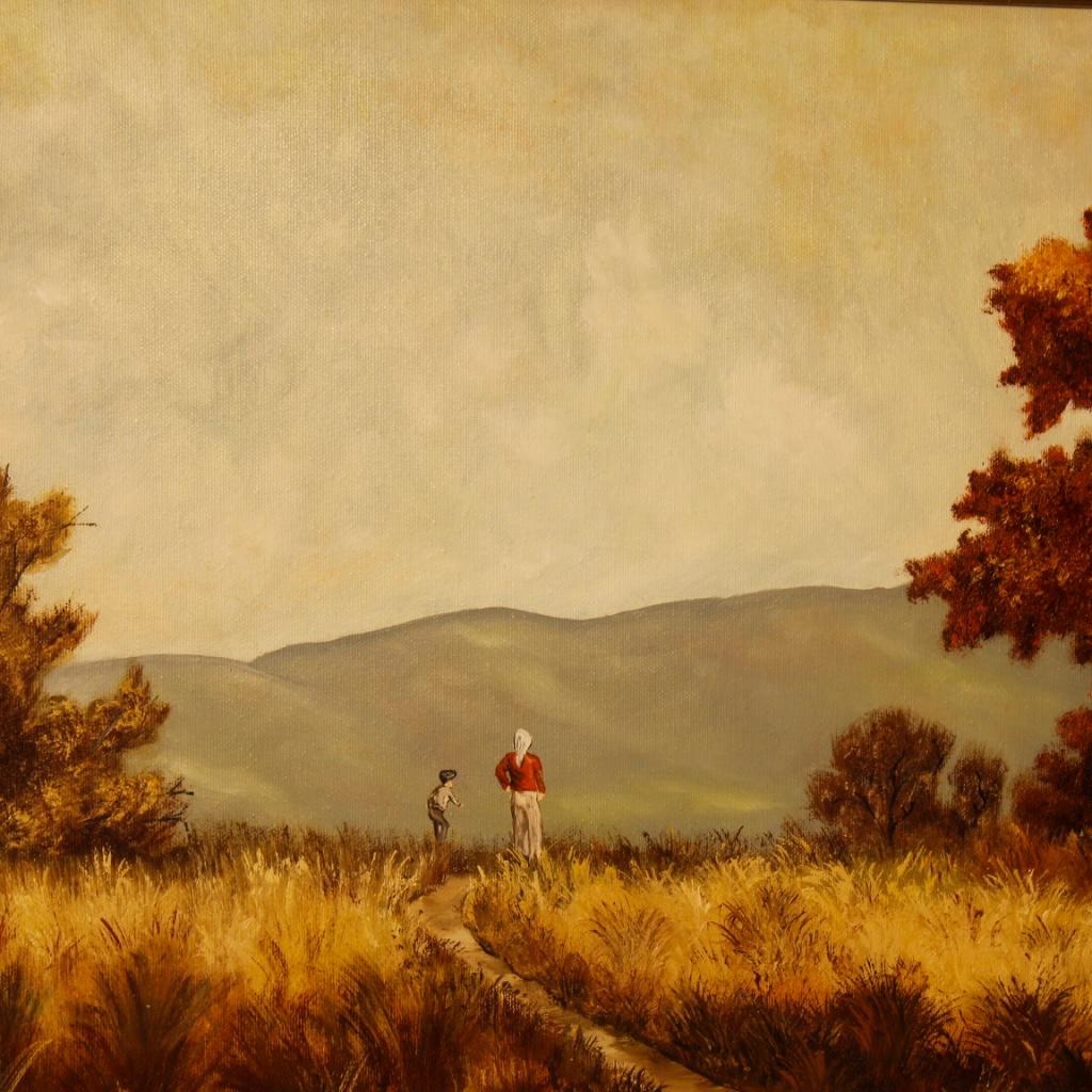 Dipinto italiano olio su tela, quadro del XX secolo raffigurante un paesaggio di buona qualità pittorica. Opera firmata e datata in basso a destra (Bonaccorsi '84). Cornice in legno dorato con passepartout. Presenta un vetro protettivo intatto. Nel