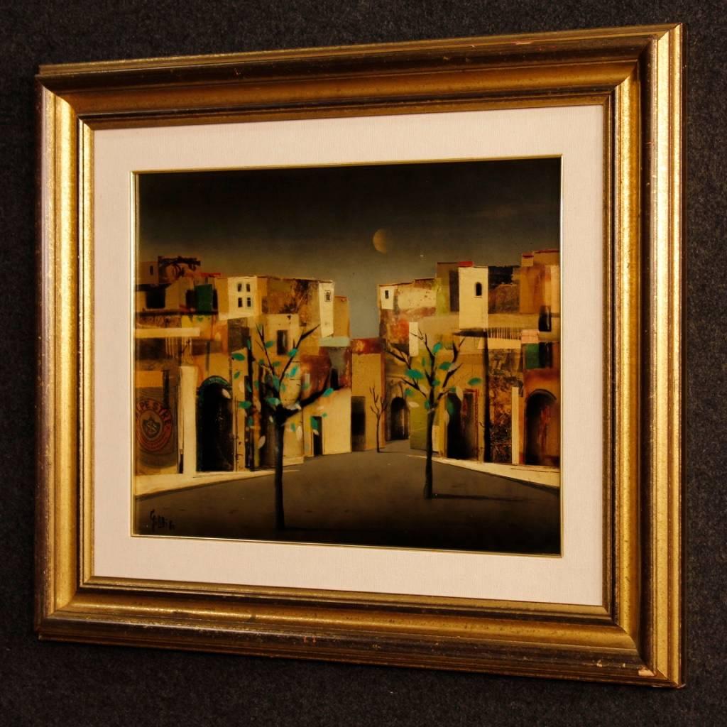 20th Century Mixed Media on Masonite Italian Signed Painting City District, 1980 For Sale 5