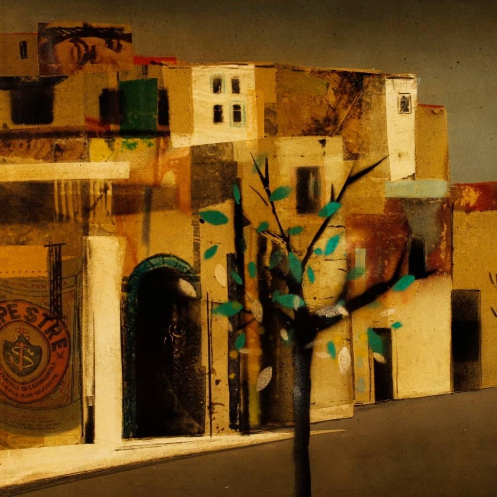 20th Century Mixed Media on Masonite Italian Signed Painting City District, 1980 In Good Condition For Sale In Vicoforte, Piedmont