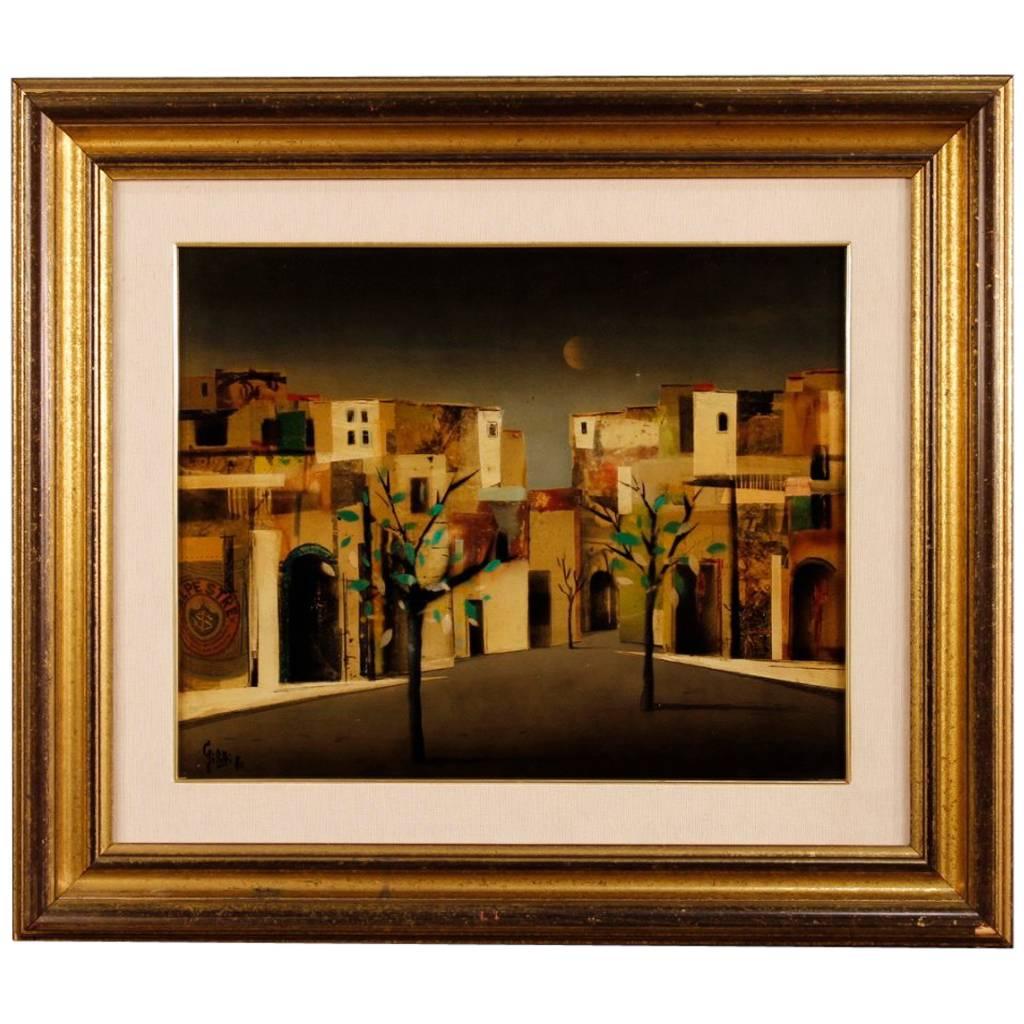 Pintura de técnica mixta sobre masonita del siglo XX. Pintura italiana firmada y fechada abajo a la izquierda (Giletti Carlo Maria - 1980). Obra que representa un hermoso barrio urbano. Marco de madera tallada y dorada con paspartú en buen estado.