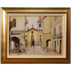 Italian Signed and Dated Painting View of the City Oil on Canvas, 20th Century