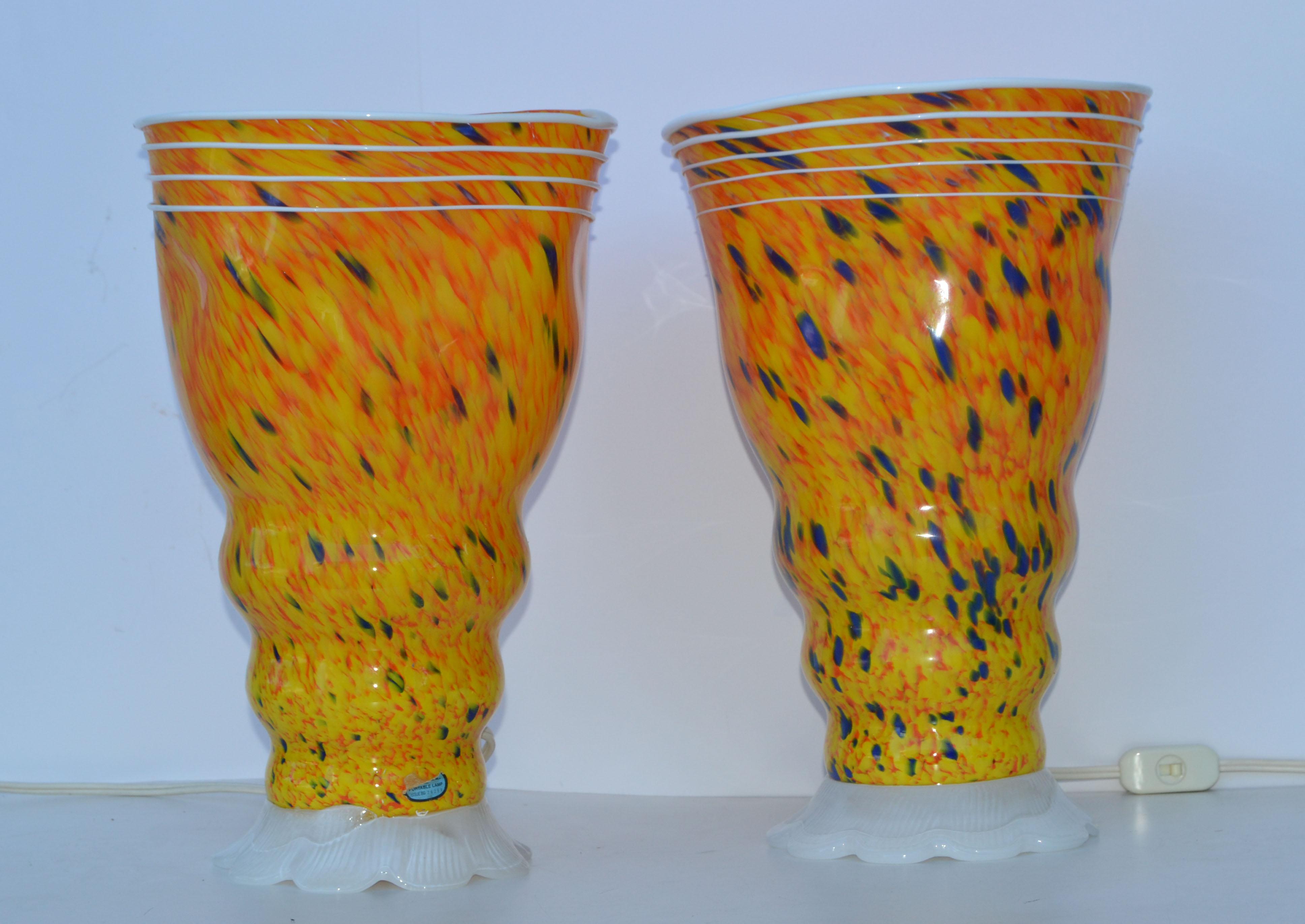 Italian Signed Barovier & Toso Blown Murano Glass Table Lamps Orange 80s, Pair For Sale 3