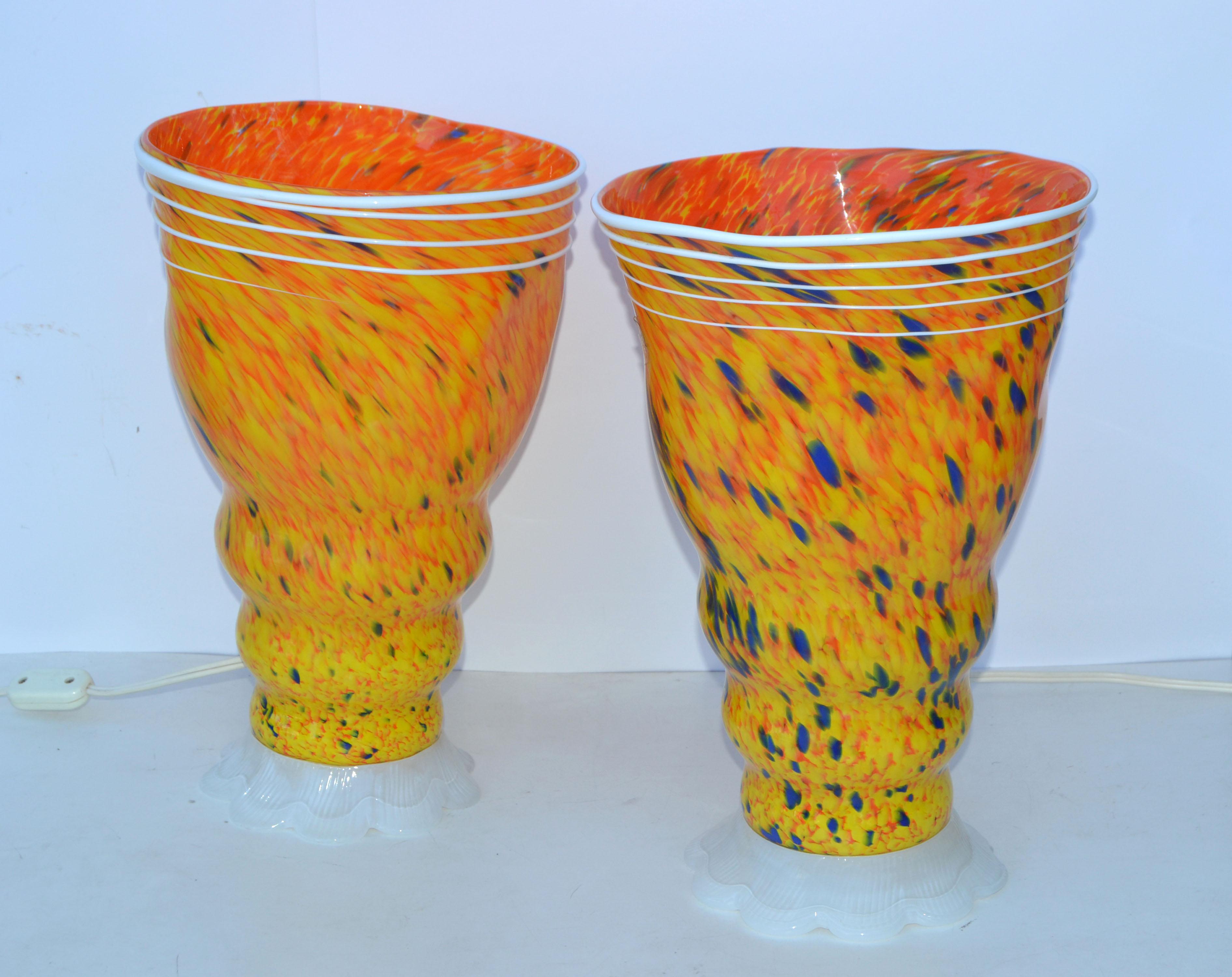 Italian Signed Barovier & Toso Blown Murano Glass Table Lamps Orange 80s, Pair For Sale 9
