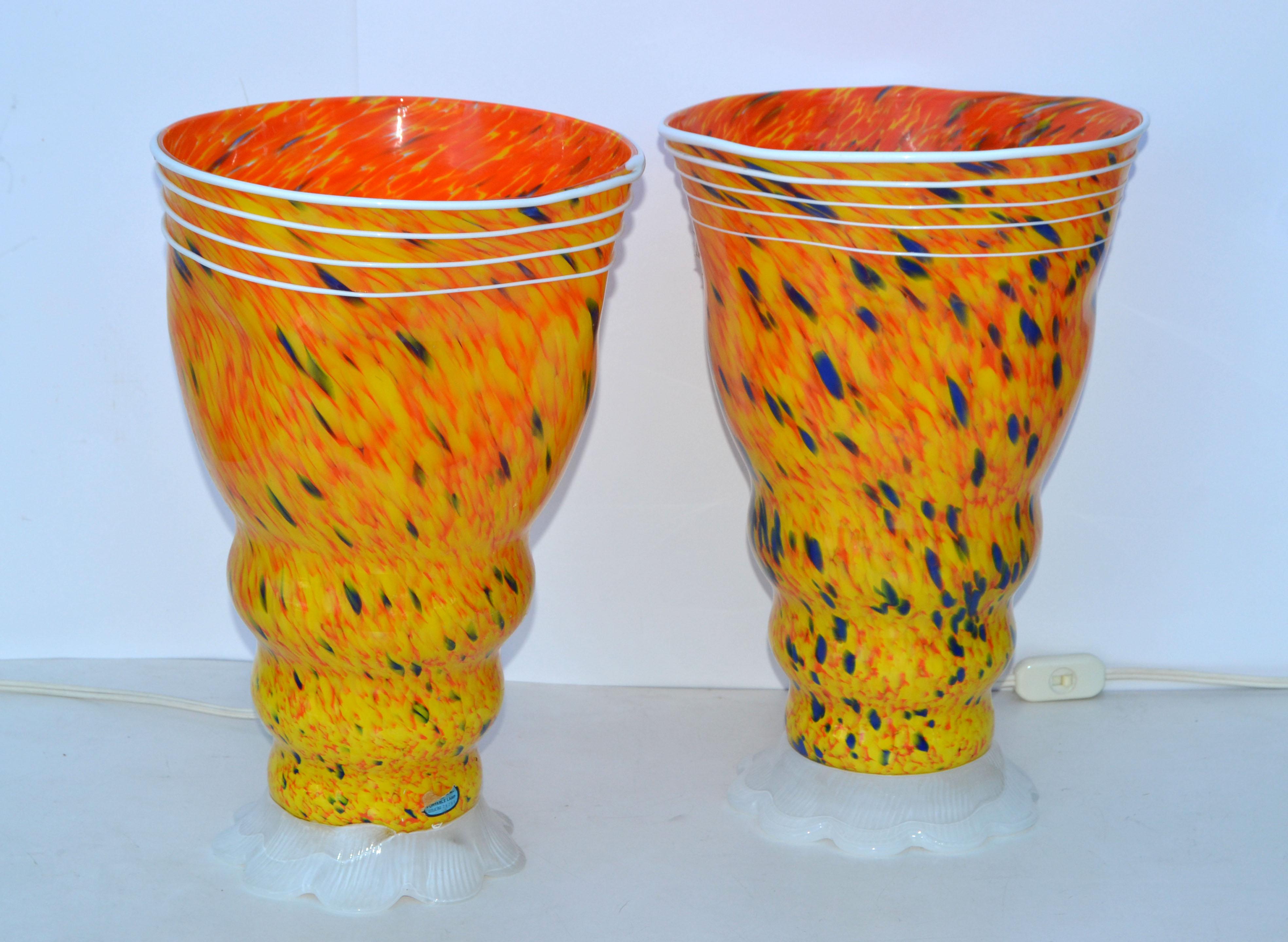 Mid-Century Modern Italian Signed Barovier & Toso Blown Murano Glass Table Lamps Orange 80s, Pair For Sale