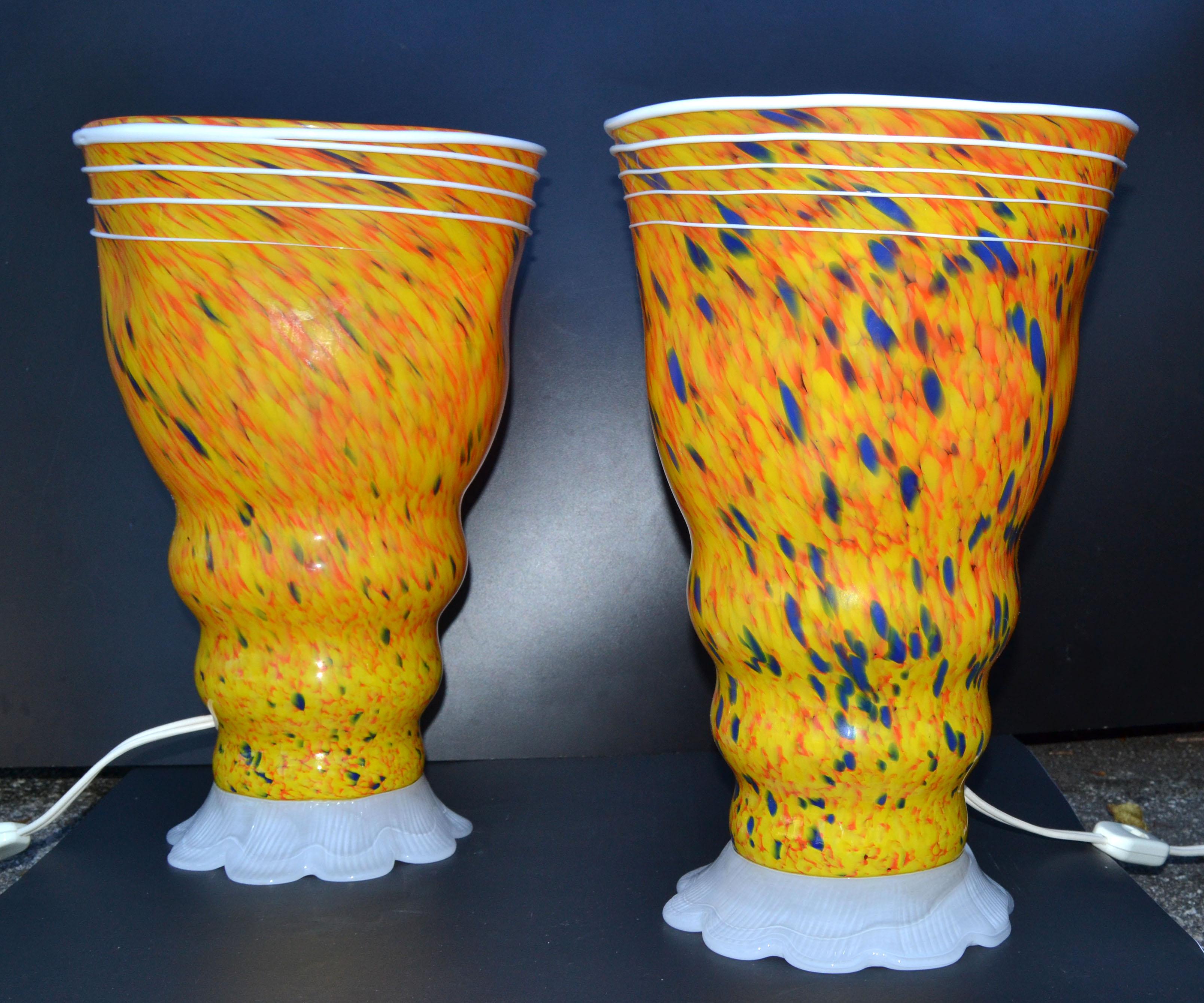 Italian Signed Barovier & Toso Blown Murano Glass Table Lamps Orange 80s, Pair In Good Condition For Sale In Miami, FL