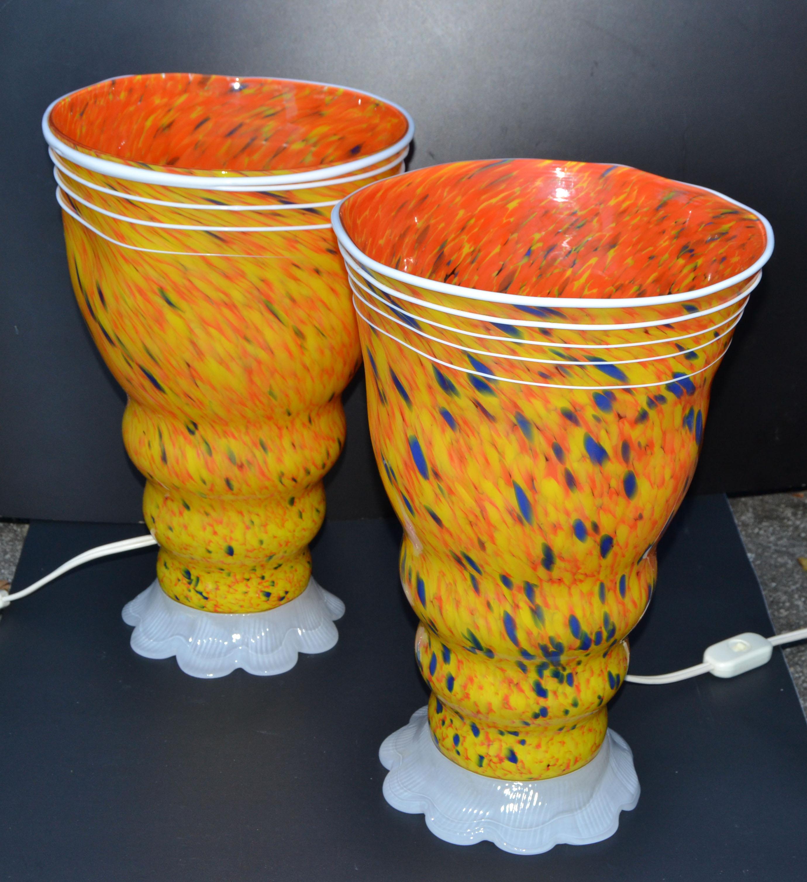 Late 20th Century Italian Signed Barovier & Toso Blown Murano Glass Table Lamps Orange 80s, Pair For Sale