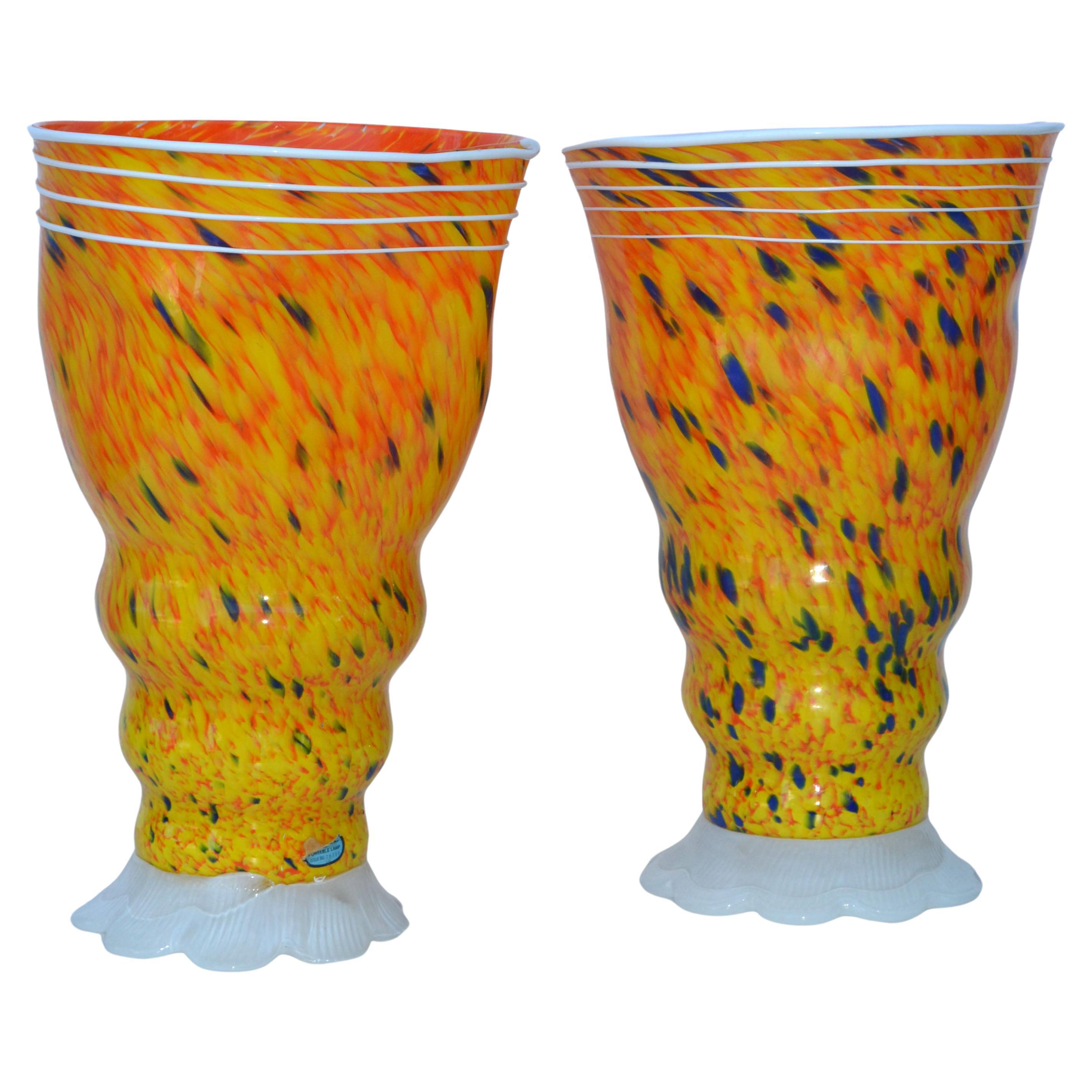 Italian Signed Barovier & Toso Blown Murano Glass Table Lamps Orange 80s, Pair