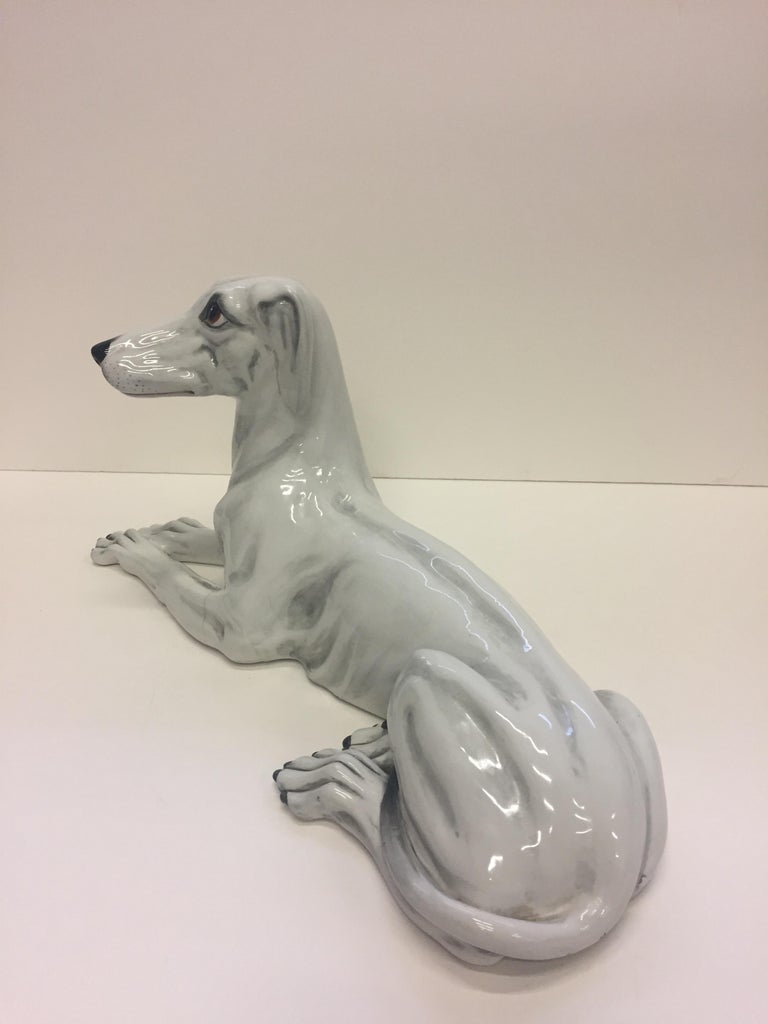 Italian Signed Grey White Ceramic Greyhound Dog Sculpture For Sale at