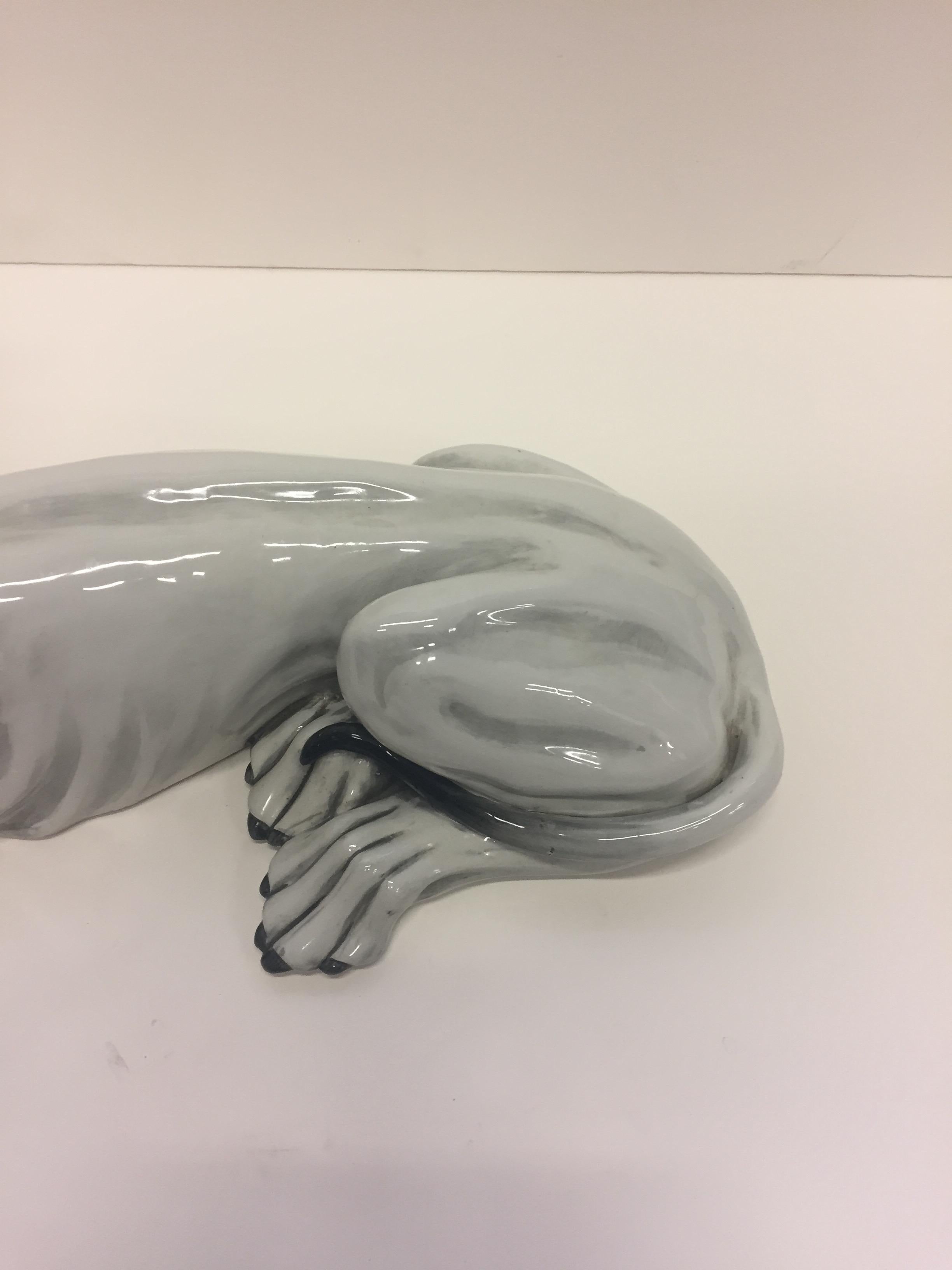 Italian Signed Grey White Ceramic Greyhound Dog Sculpture In Excellent Condition In Hopewell, NJ