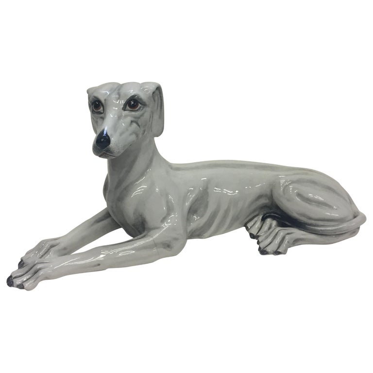 Italian Signed Grey White Ceramic Greyhound Dog Sculpture For Sale