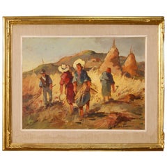 Italian Signed Oil Painting Landscape with Workers in the Fields
