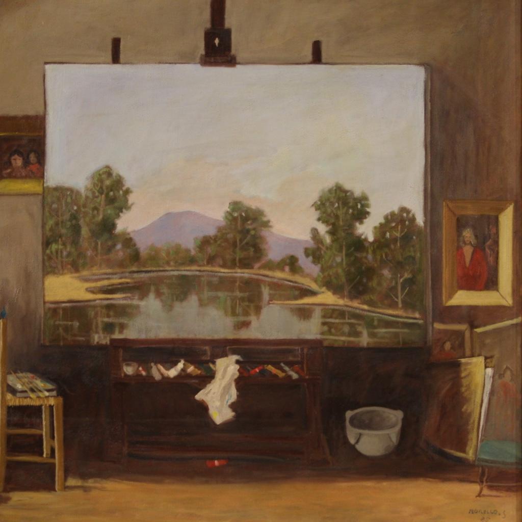 Large Italian painting dated 1985. Work oil on canvas depicting the artist's atelier with pleasant furnishings and good pictorial quality. Painting signed and dated lower right 