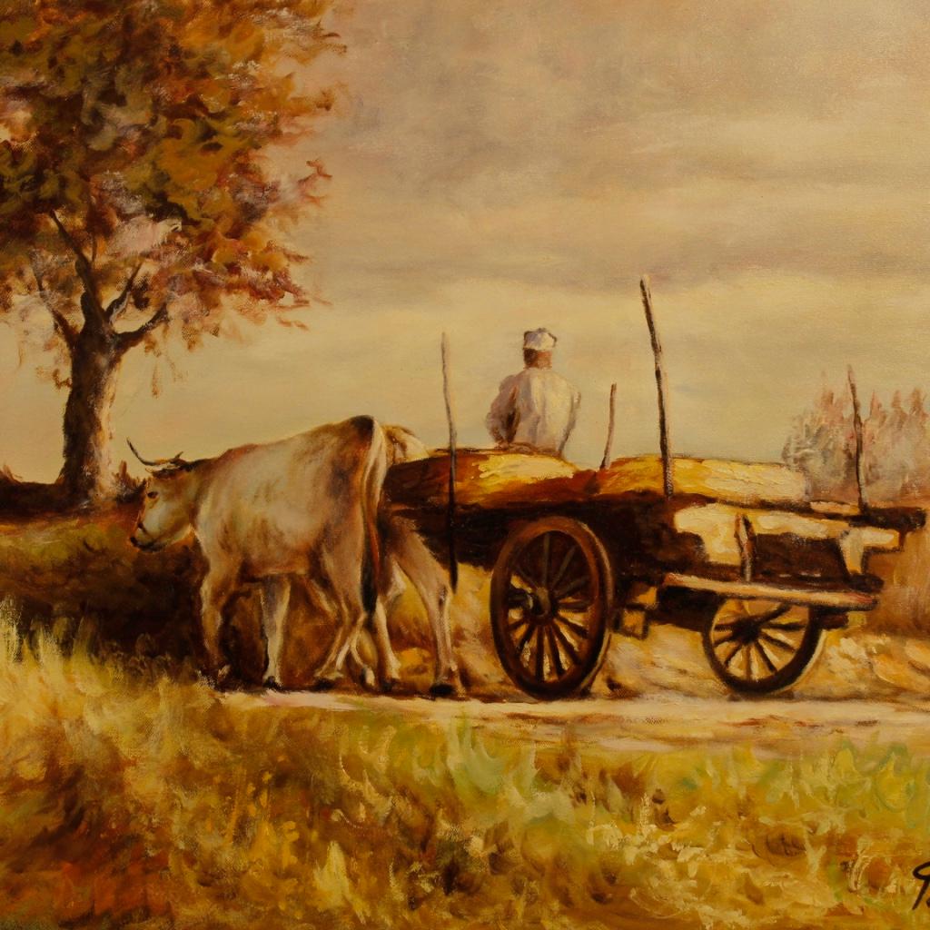Gilt Italian Signed Painting Countryside Popular Scene from 20th Century