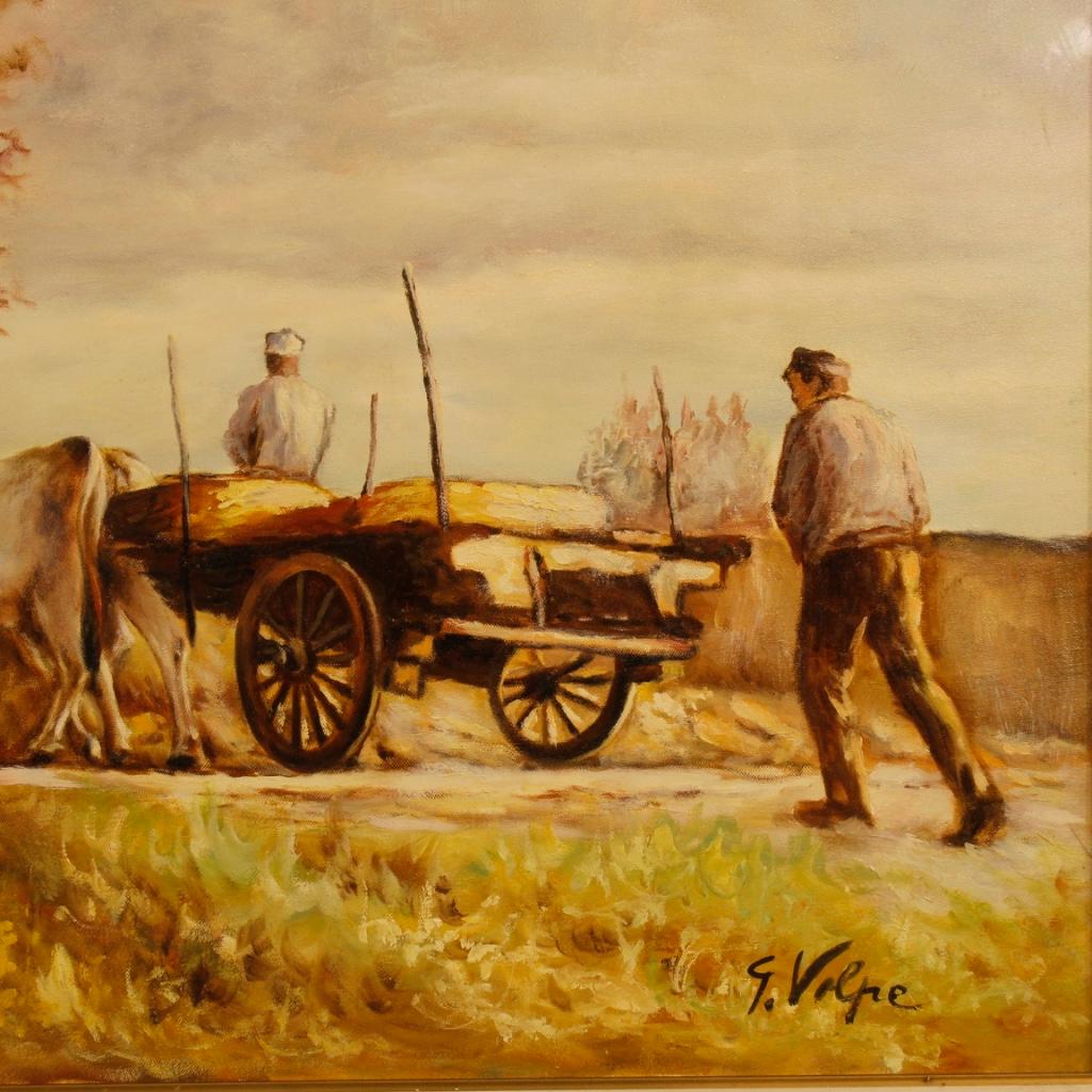 Italian Signed Painting Countryside Popular Scene from 20th Century In Good Condition In Vicoforte, Piedmont