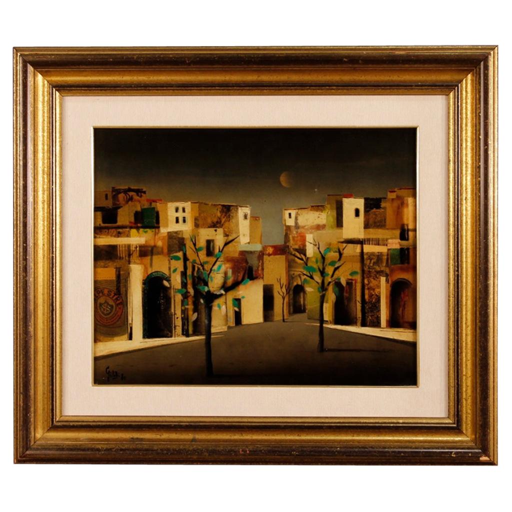 Mixed technique painting on Masonite from the 20th century. Italian painting signed and dated lower left (Giletti Carlo Maria - 1980). Work depicting the beautiful city district perspective. Carved wooden frame golden with passe-partout in good