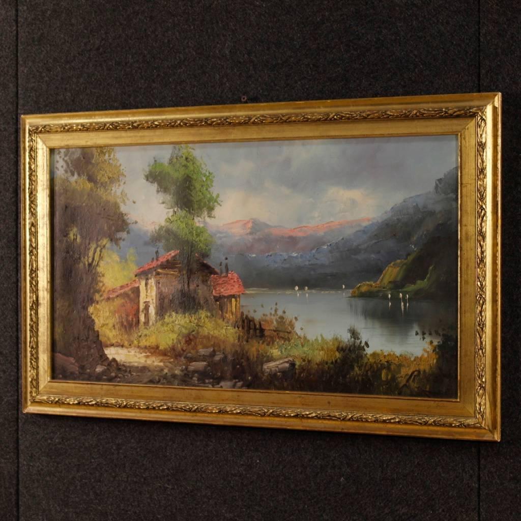 Italian Signed Painting Landscape with Lake View Oil on Canvas from 20th Century 4
