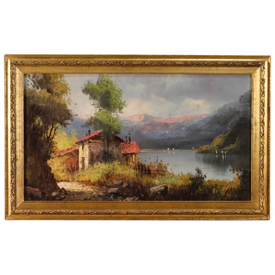 Italian Signed Painting Landscape with Lake View Oil on Canvas from 20th Century