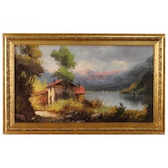 Italian Signed Painting Landscape with Lake View Oil on Canvas from 20th Century