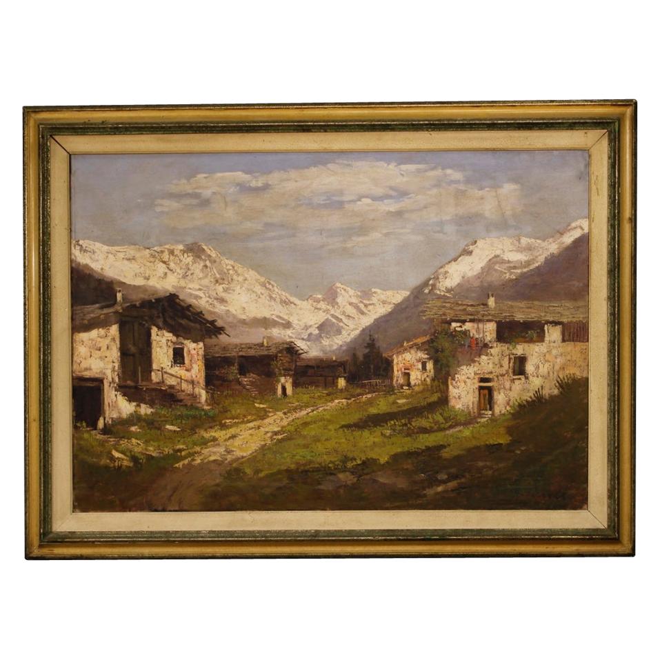Italian Signed Painting Mountain Landscape, 20th Century For Sale