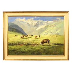 Italian Signed Painting Mountain Landscape with Cows, 20th Century