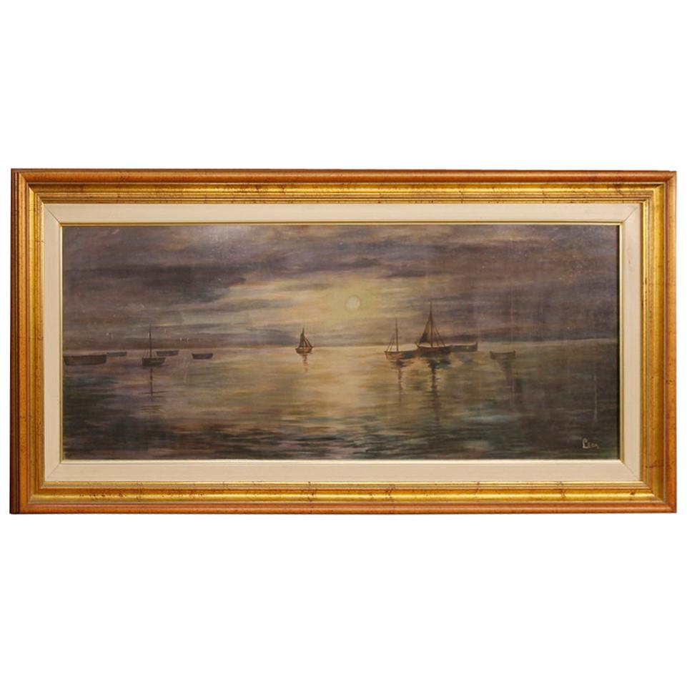 Italian Signed Painting Night Seascape, 20th Century For Sale