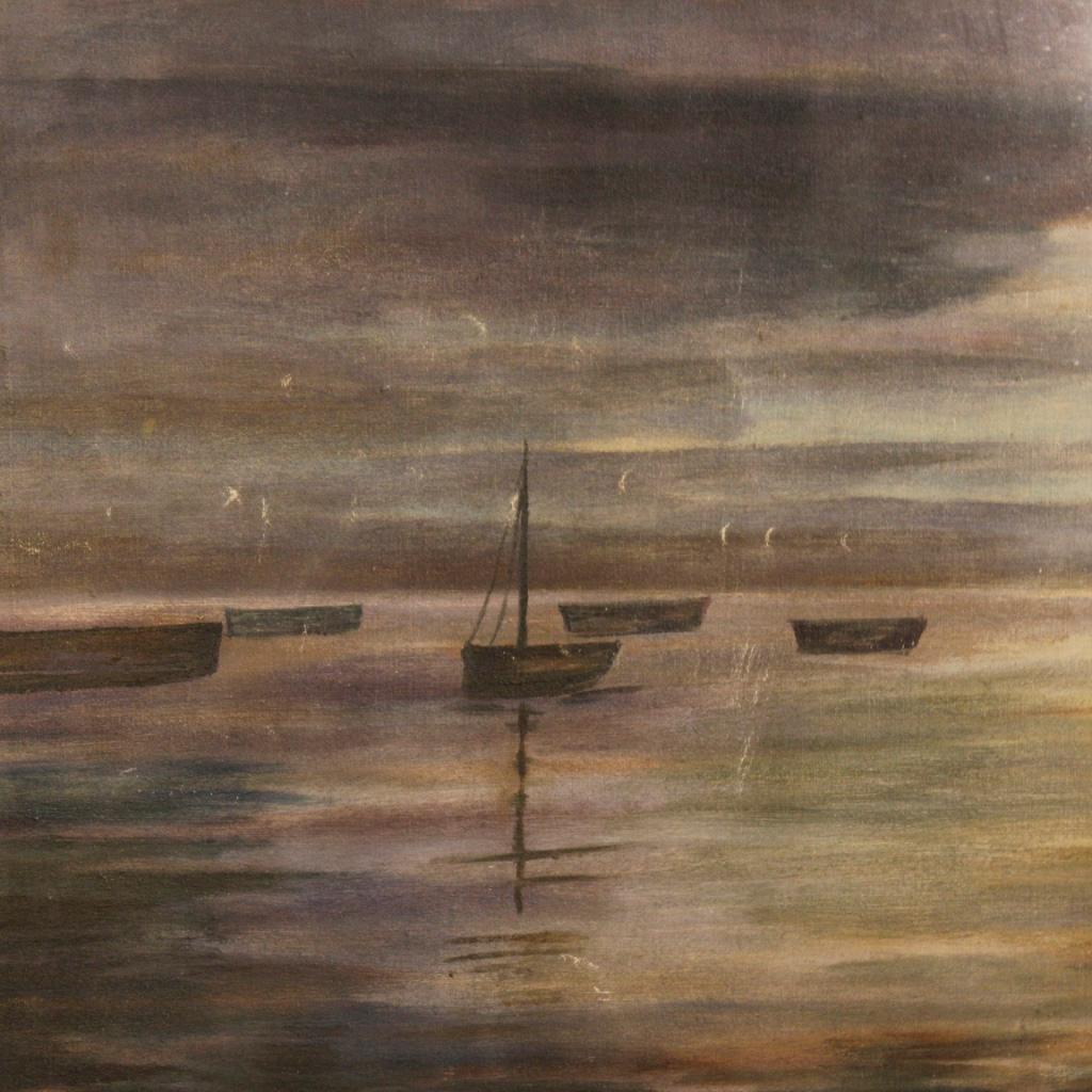 Italian Signed Painting Nocturnal Seascape Mixed-Media on Canvas, 20th Century 1