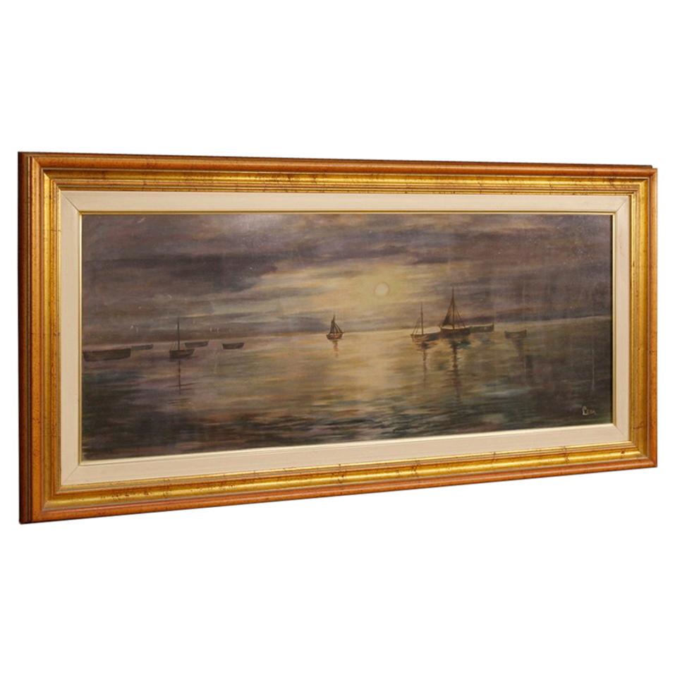 Italian Signed Painting Nocturnal Seascape Mixed-Media on Canvas, 20th Century