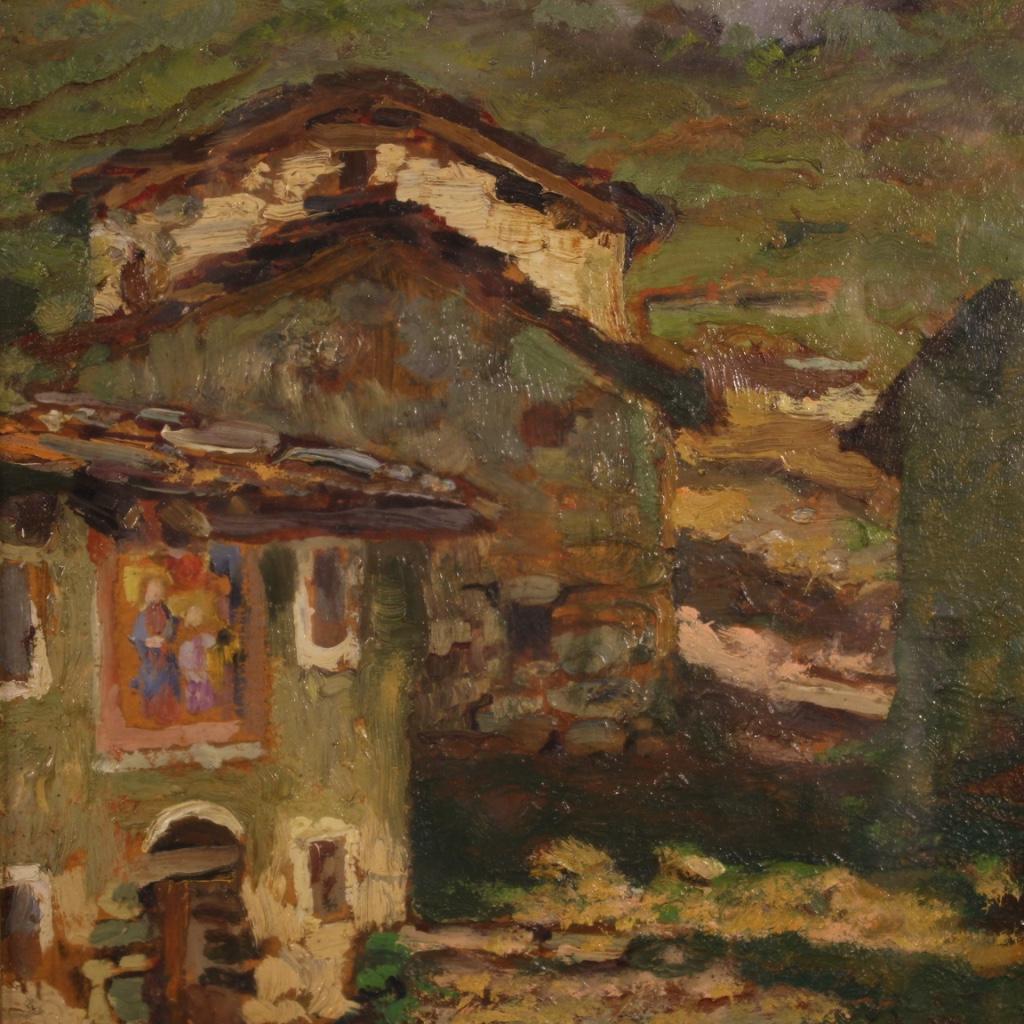 Italian painting of the 20th century. Opera oil on cardboard depicting a countryside landscape with style houses impressionist. Small measurement framework, for antiquarians and collectors, signed lower left (see photo) Angiola Meucci, missing