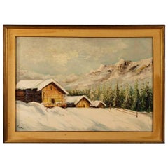 Italian Signed Painting Oil on Canvas Snowy Landscape with Houses