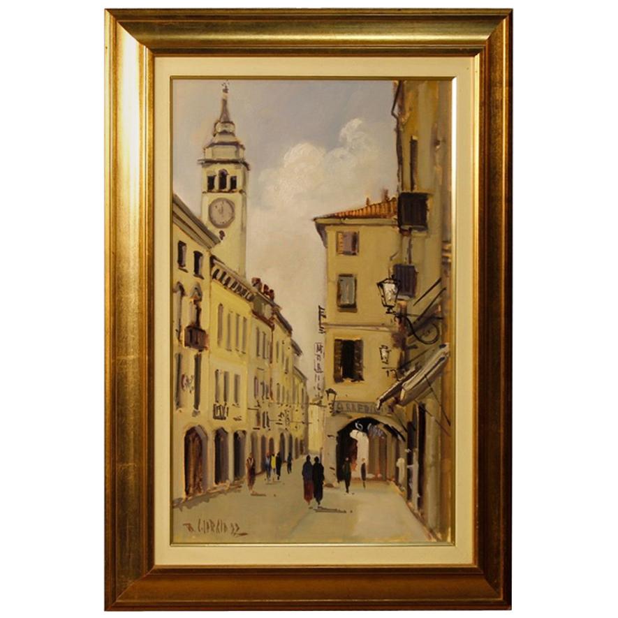 Italian Signed Painting View of the Village Oil on Canvas from 20th Century