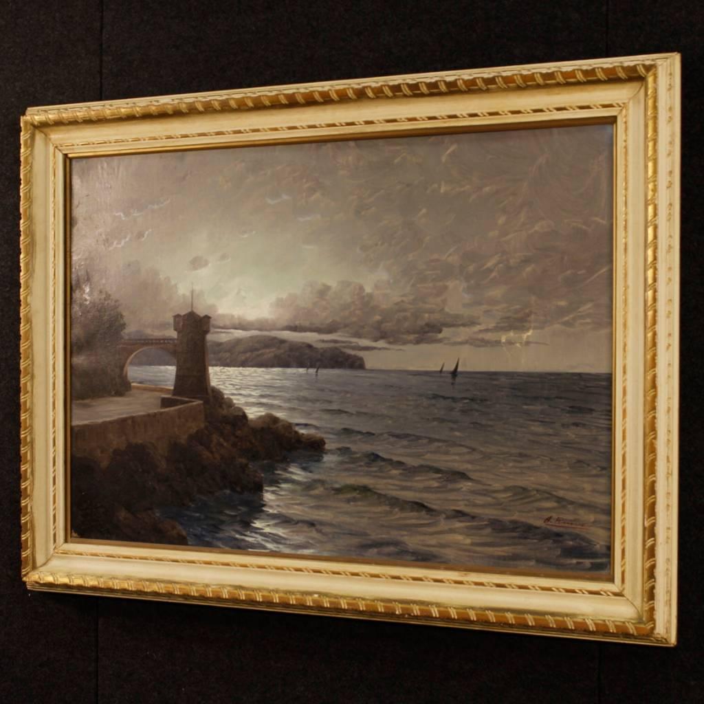 Italian Signed Seascape Painting Oil on Canvas from 20th Century 4