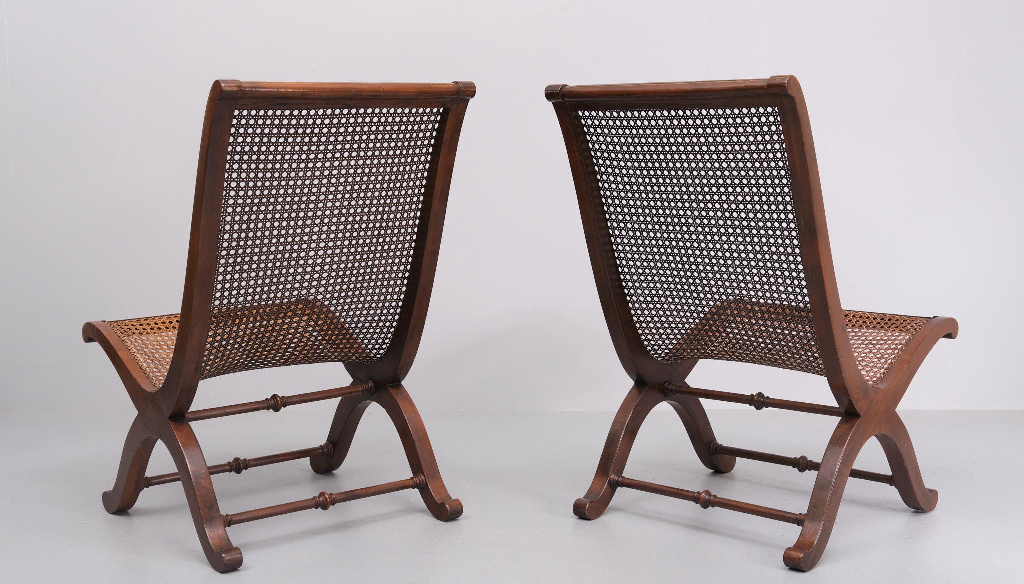 Biedermeier Pair Italian signed Wicker slipper chairs   For Sale