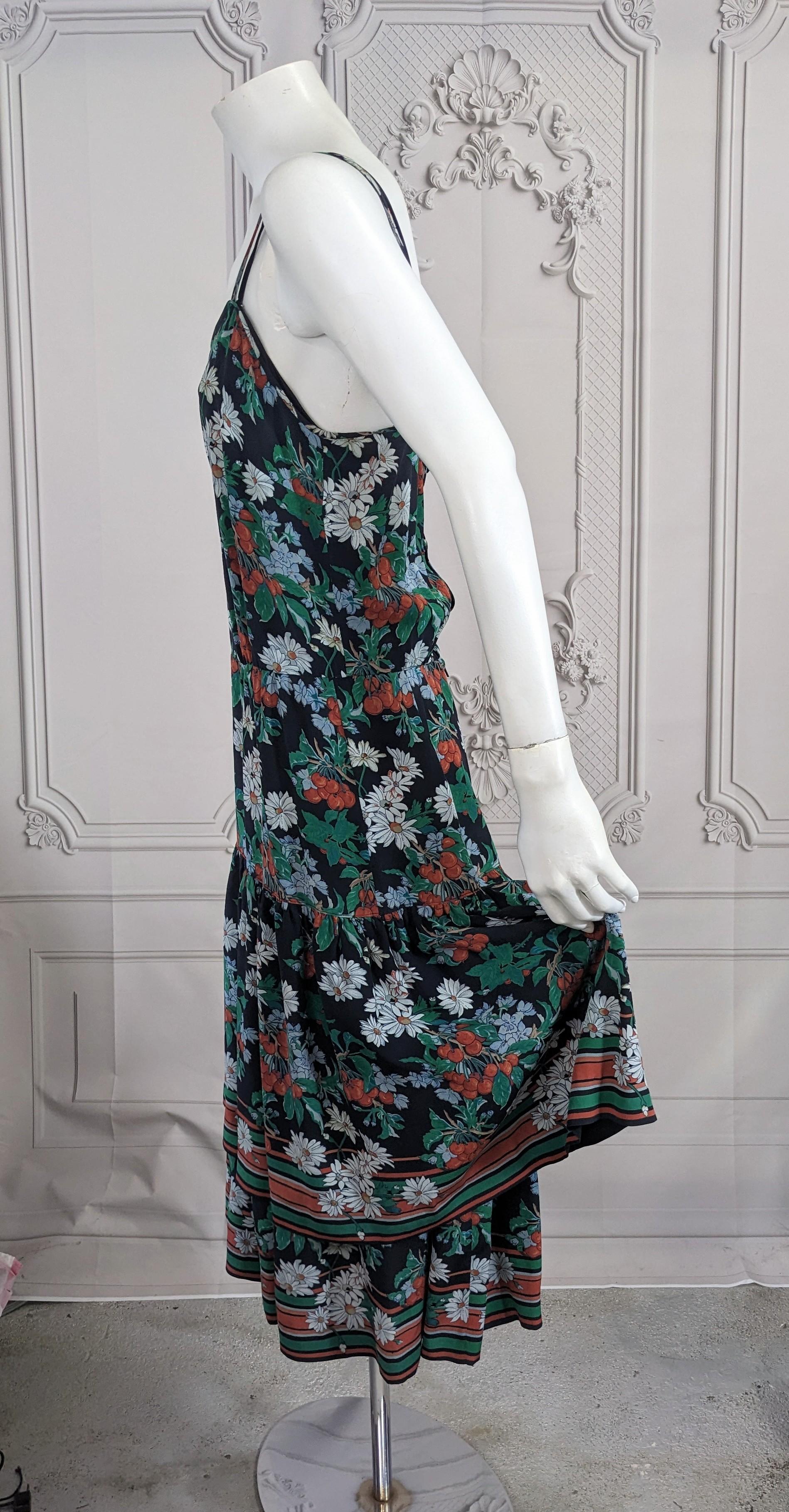 Black Italian Silk Crepe Print Ruffle Dress For Sale