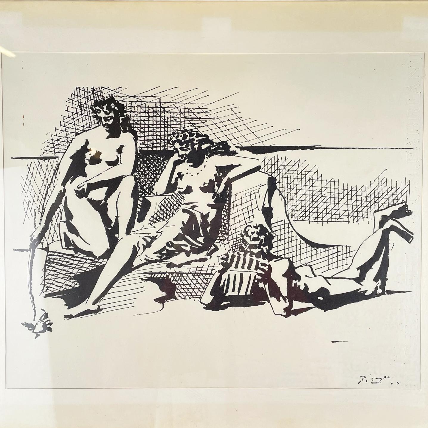 Modern Italian Silk-Screen Print on Paper of Two Women and a Musician, 1900-1980s For Sale