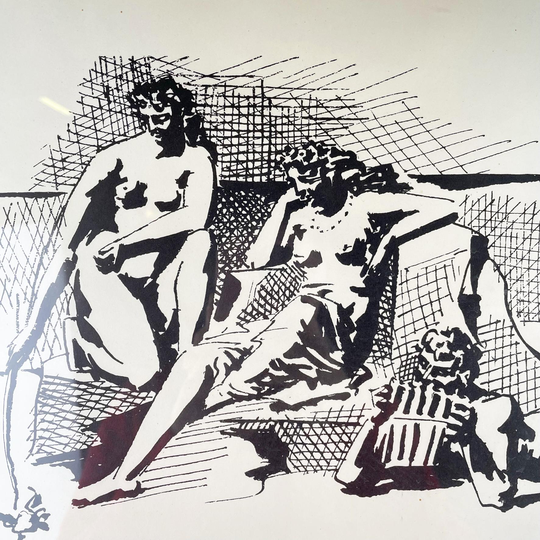Italian Silk-Screen Print on Paper of Two Women and a Musician, 1900-1980s In Good Condition For Sale In MIlano, IT