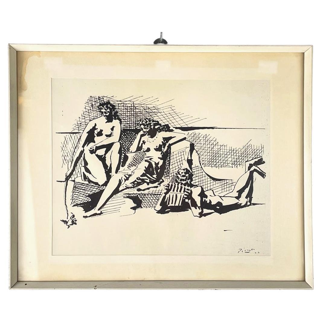 Italian Silk-Screen Print on Paper of Two Women and a Musician, 1900-1980s For Sale