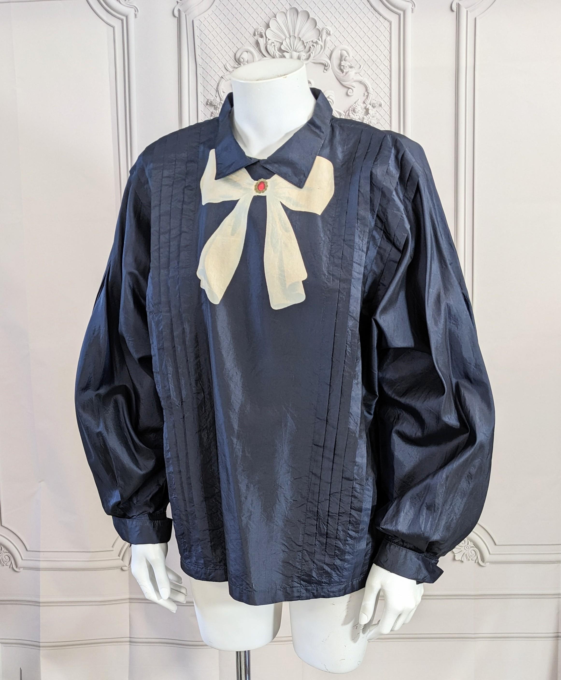 Italian Silk Taffeta Trompe L'Oiel Blouse from the 1980's. Designer item, possibly Krizia with no tags. Printed bow on navy silk taffeta with tucks down the front and inverted pleats opening up on full sleeves. Oversized cut with deep dolman