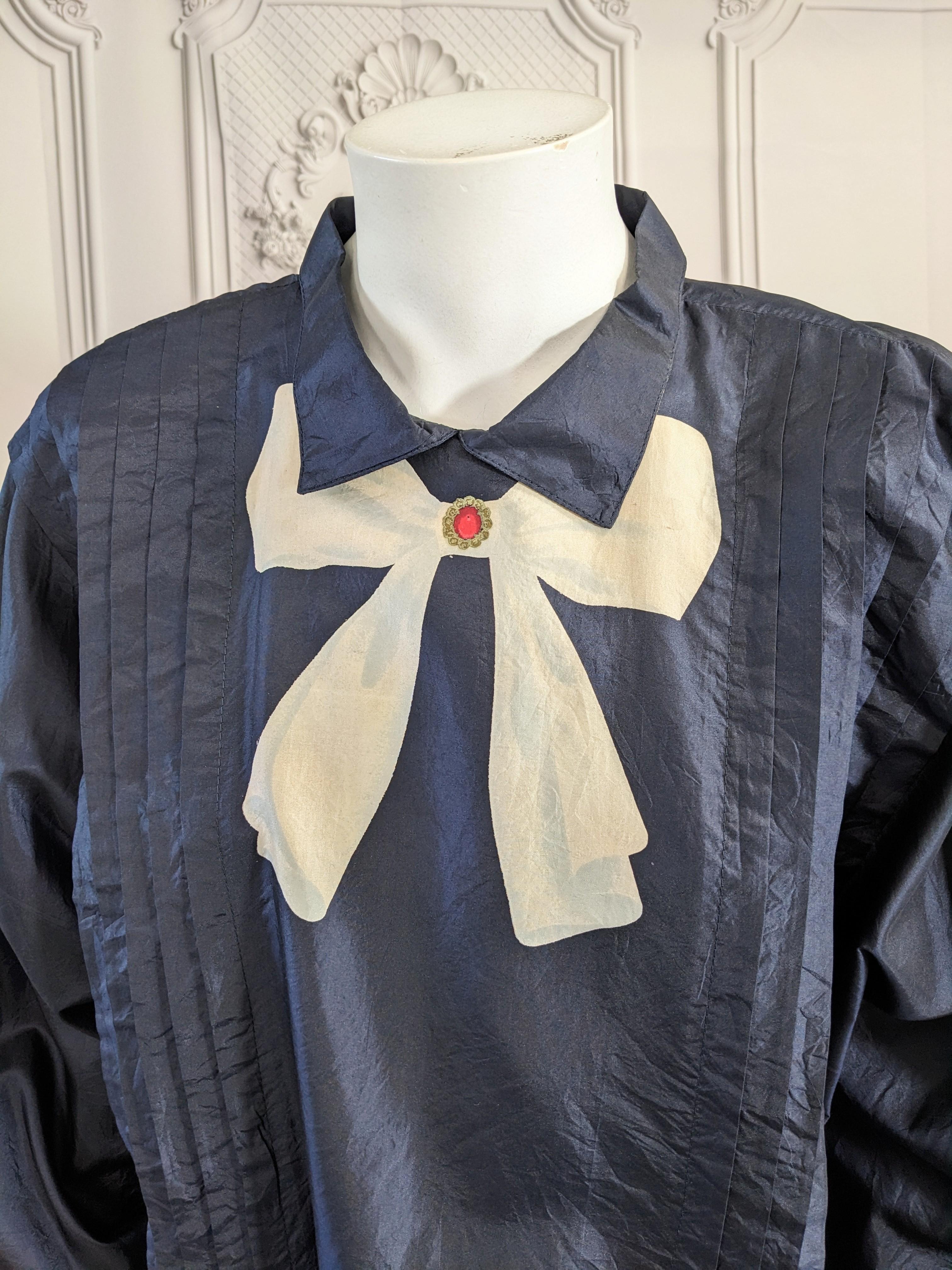Black Italian Silk Taffeta Trompe L'Oiel Blouse For Sale